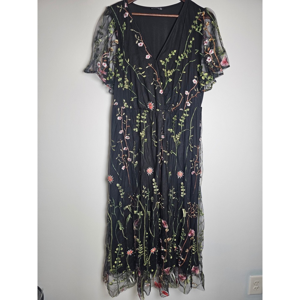 Cottagecore Bloomchic Floral Embroidered Mesh Dress Womens 14-16 Black Whimsical